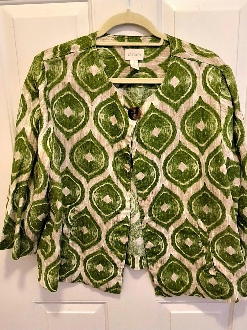 Chico's Green Ikat Print Linen Blazer Green & White Size 3